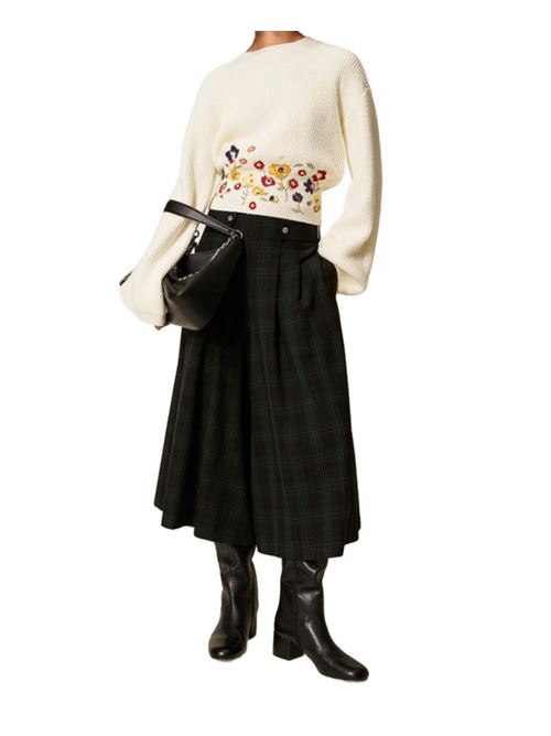 Pantalone da donna in misto viscosa, disegno TARTAN all-over, colore verde scuro TWINSET | 252AT213112451